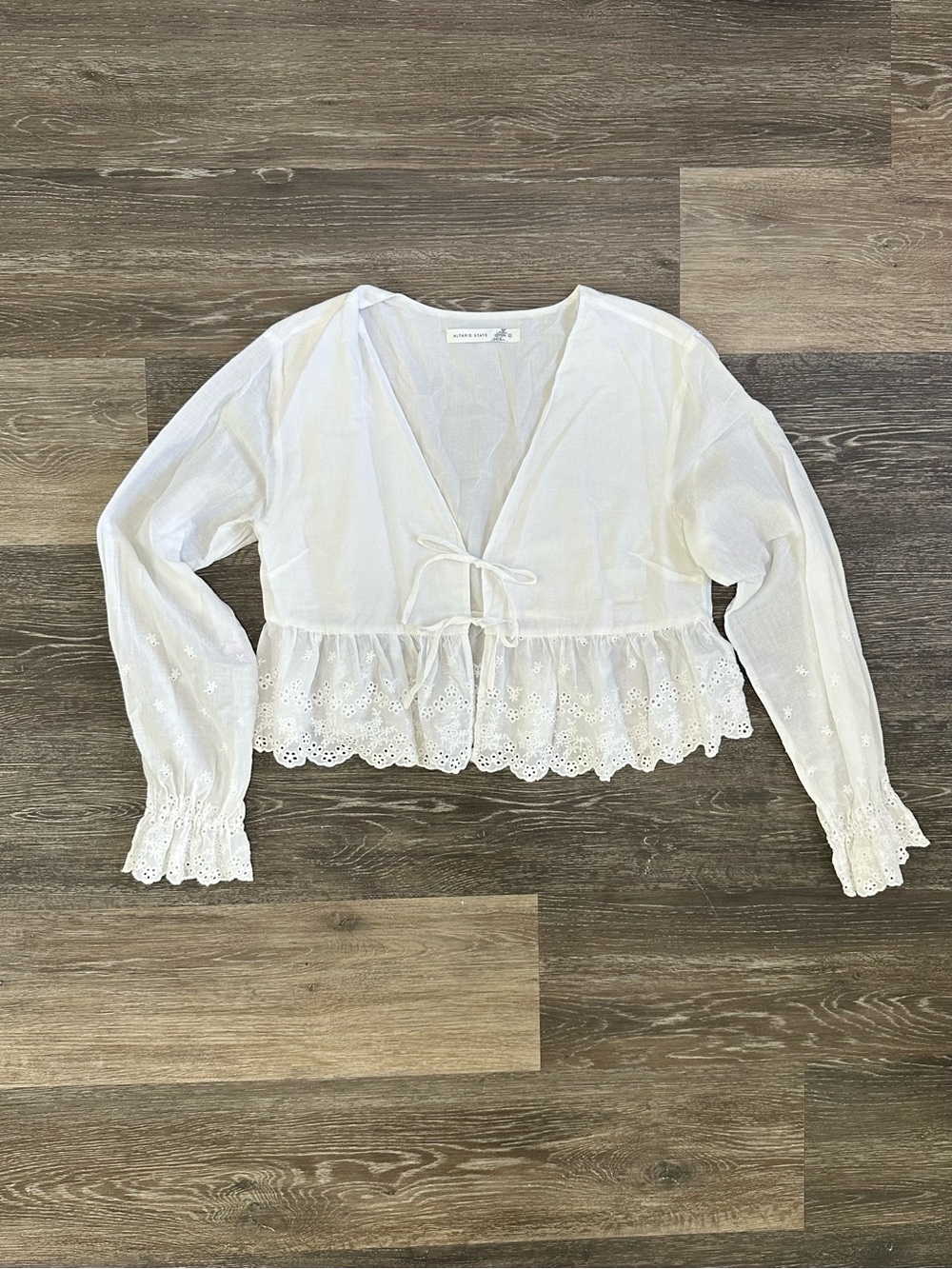 Altar'd State White Eyelet Tie-Front Peplum Blouse